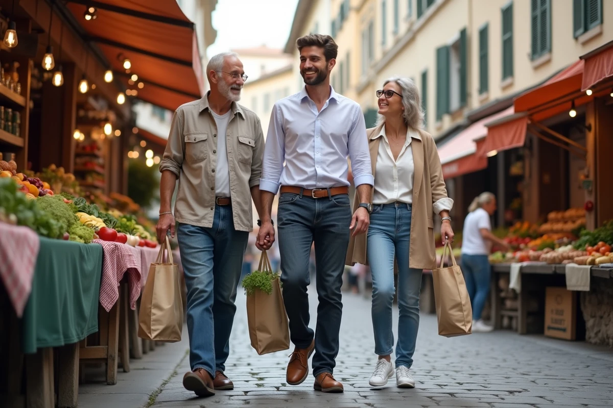 Jeune homme et famille au marché français en plein air