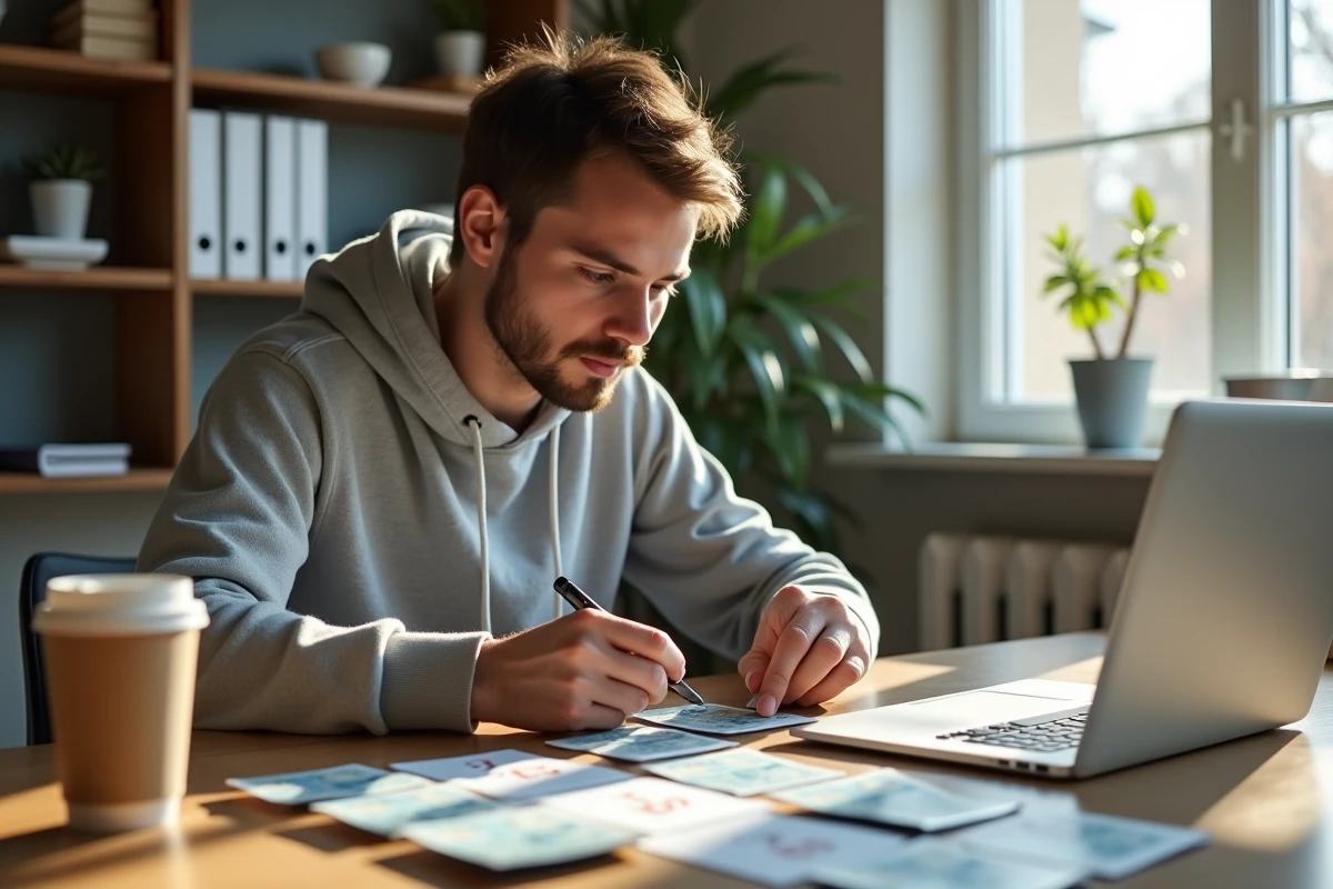 Jeune homme organisant des codes Pokémon sur son bureau lumineux