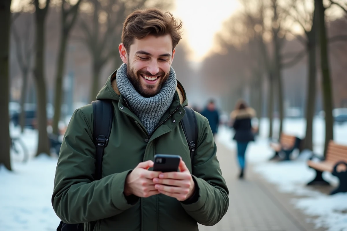 Jeune homme dans un parc envoyant un vœu écologique sur son smartphone