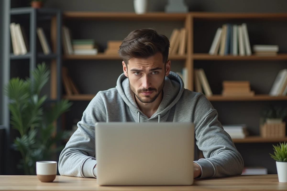 Jeune homme sceptique devant un ordinateur dans un bureau moderne