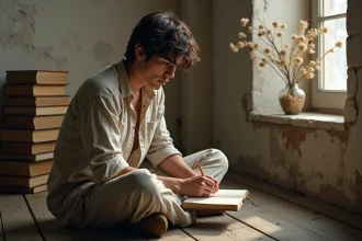 Jeune homme pensif écrivant dans un carnet dans une pièce bohème aux murs en plâtre, évoquant l'univers poétique de Rimbaud