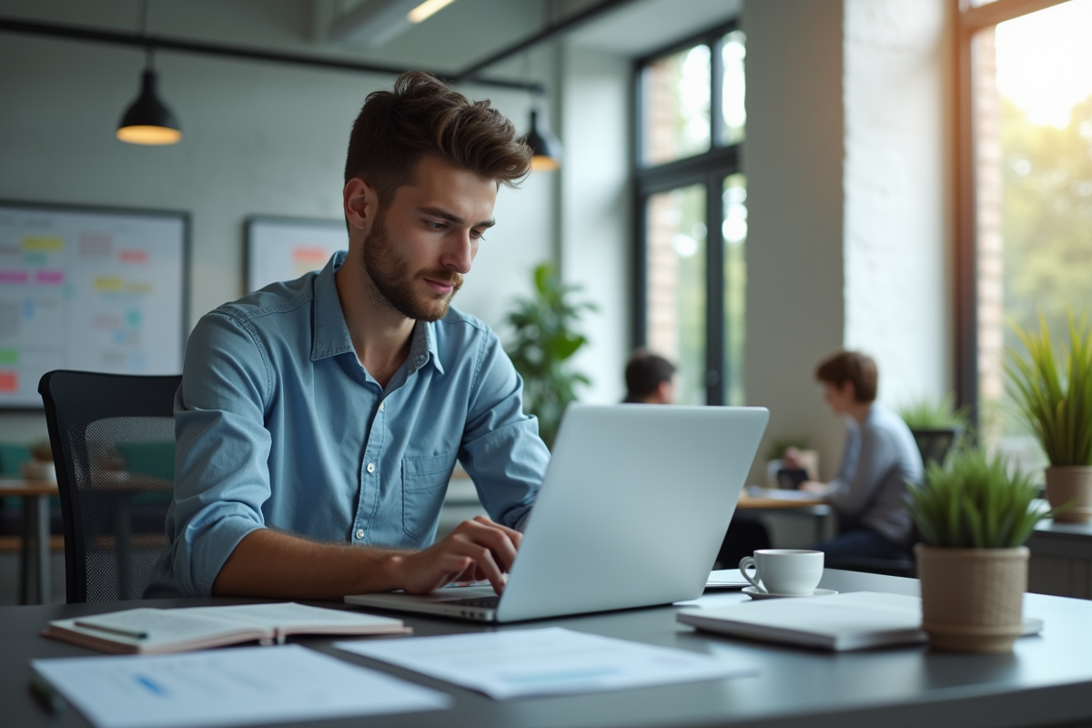 Jeune professionnel travaillant sur un ordinateur dans un bureau lumineux