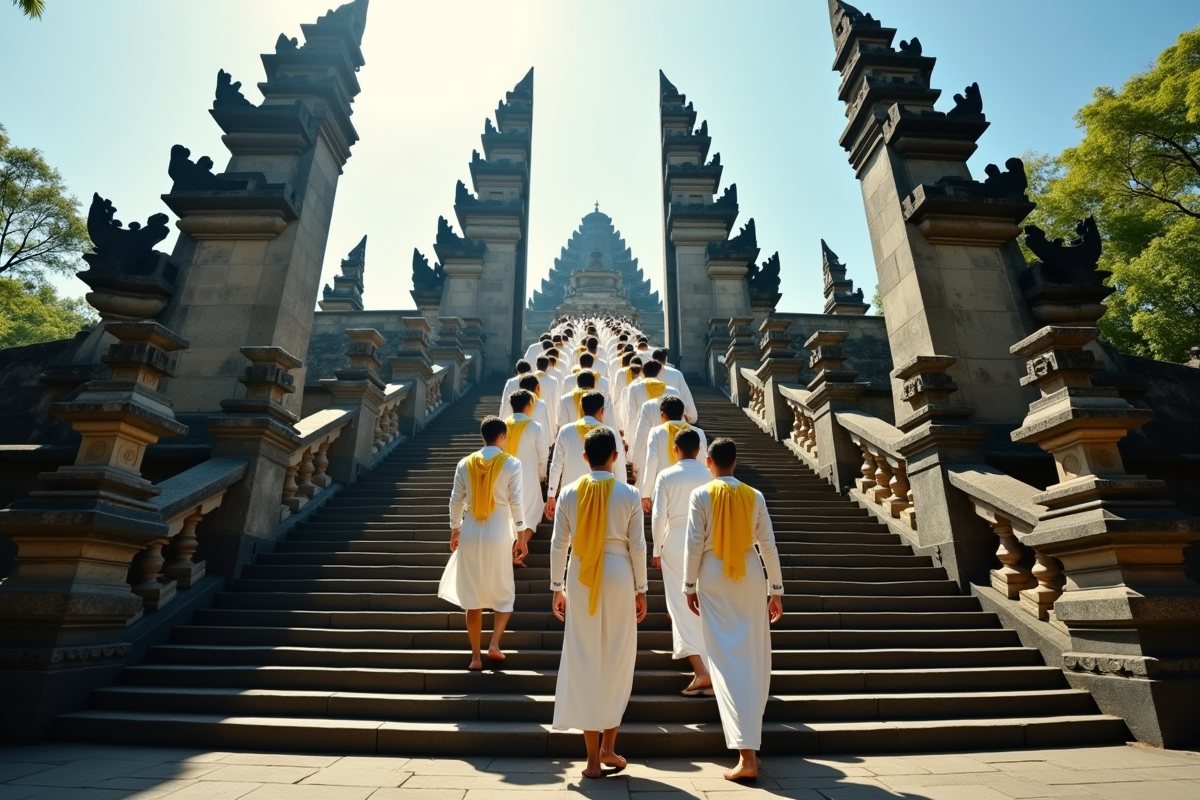 Jeunes balinais en tenue cérémonielle montant les escaliers du temple
