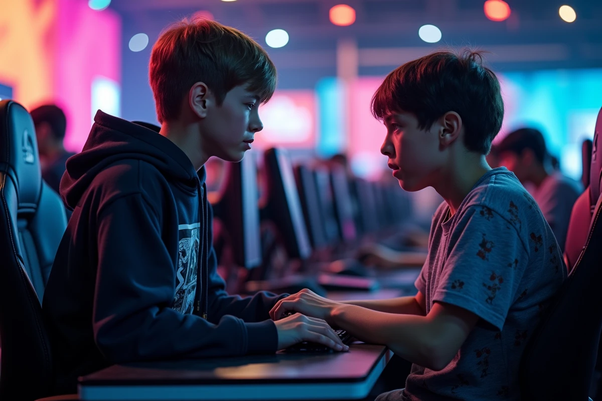 Deux adolescents concentrés devant leurs PC en arène d