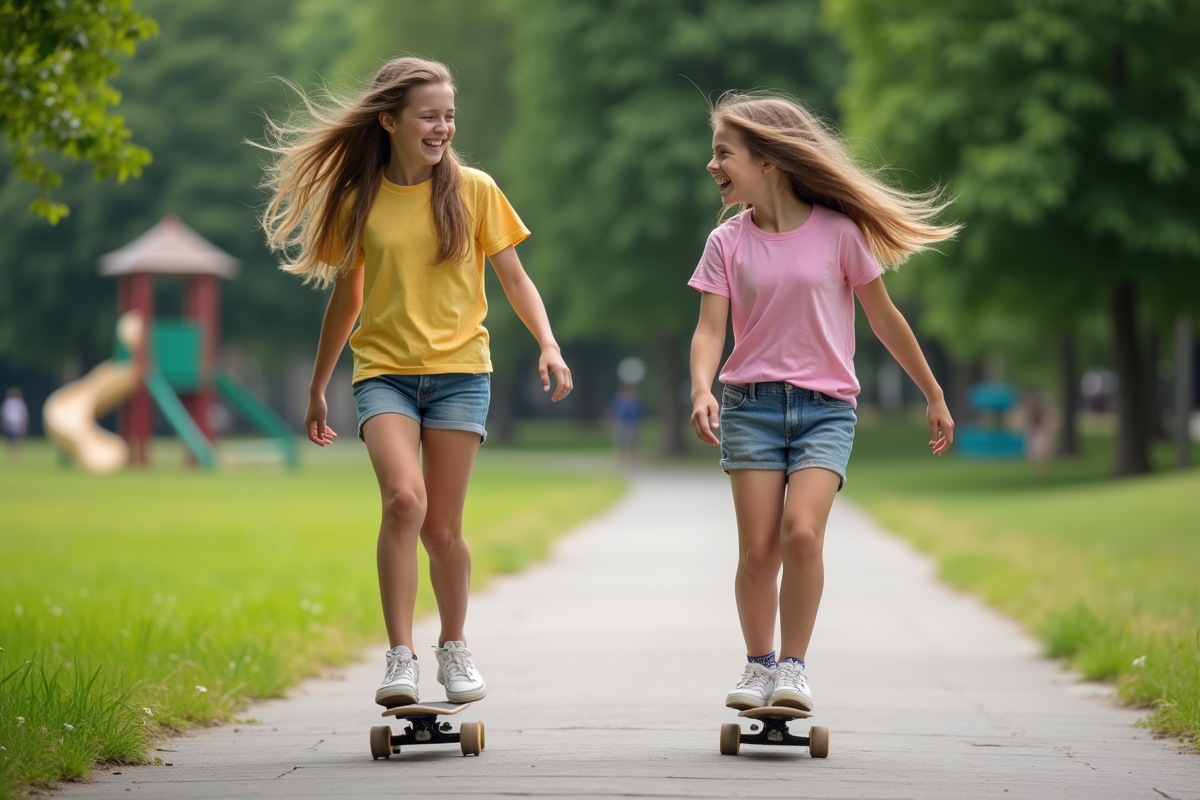 Deux filles en skateboard dans un parc urbain en été
