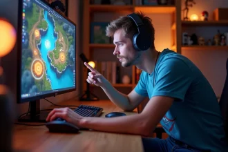Joueur de Dofus découvrant les portails sur une carte du jeu devant son écran de PC gaming