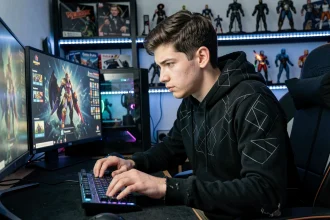 Joueur Fortnite enthousiaste devant ses écrans affichant des skins OG emblématiques susceptibles de revenir en 2026