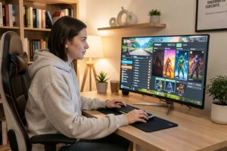 Jeune femme jouant à un jeu de simulation sur PC avec des menus de personnalisation à l'écran dans un bureau cosy