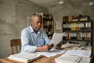 Journaliste comorien en train de consulter des documents dans une salle de rédaction modeste à Moroni