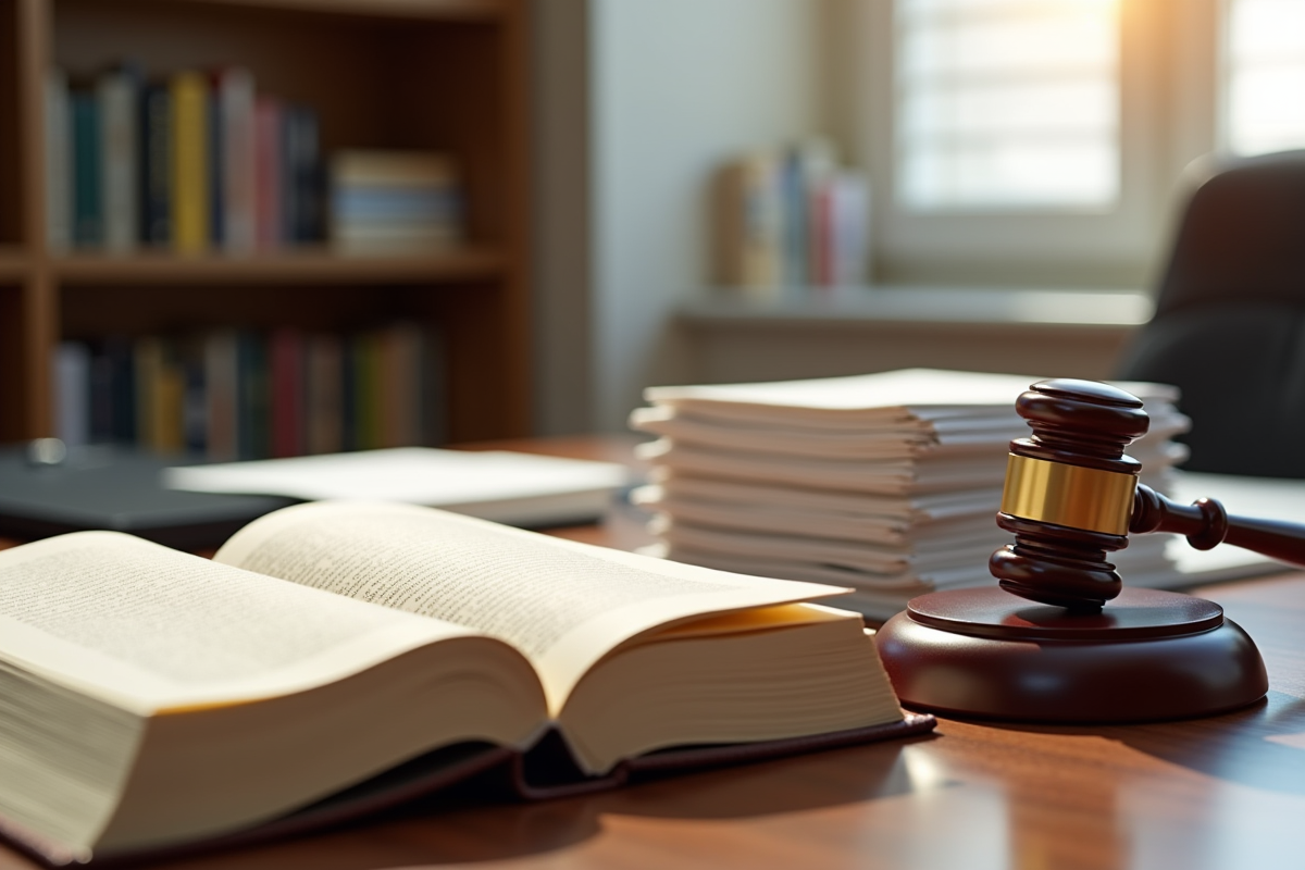 Gavel de juge et Code civil ouvert dans un bureau moderne