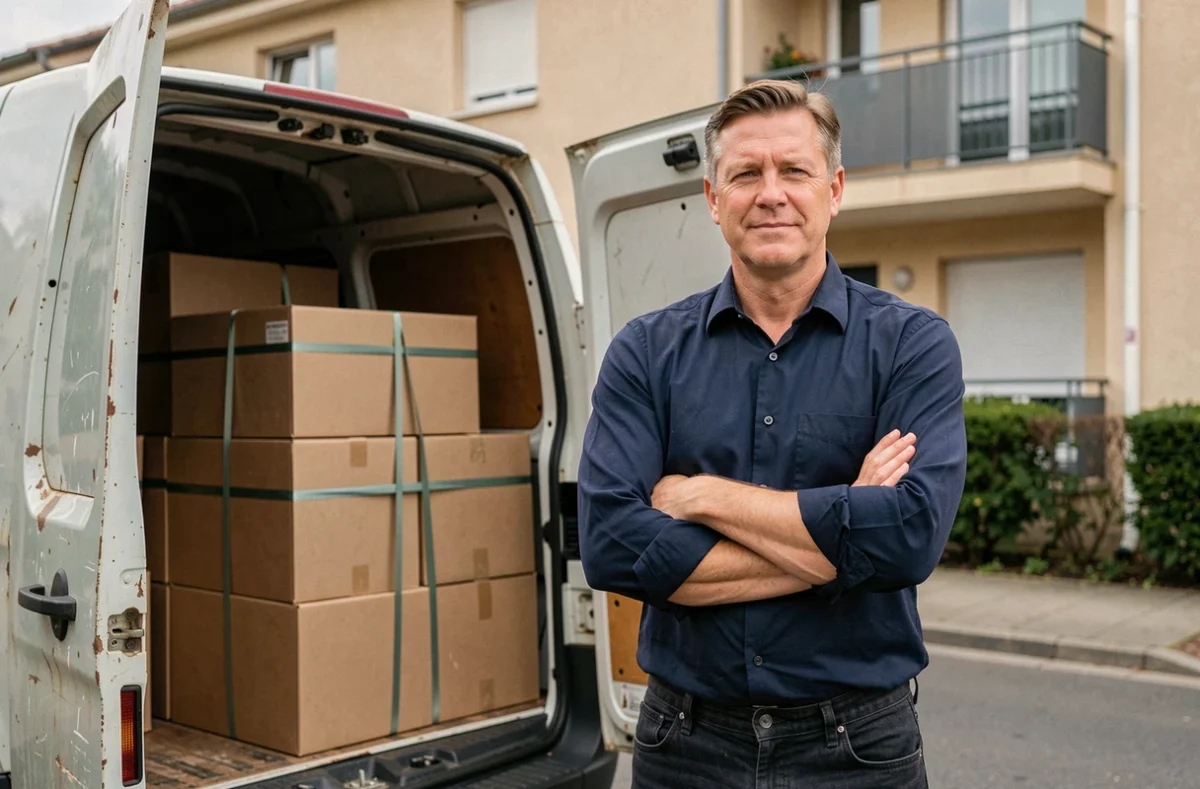 Kamel Goudjil, déménageur indépendant, posant devant son véhicule chargé de cartons à Argenteuil