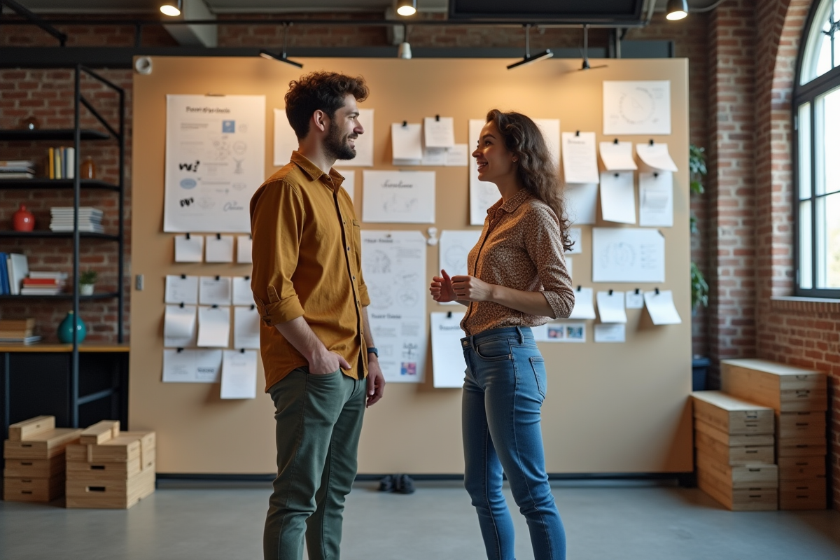 Deux jeunes leaders créatifs discutant devant un mur de mood boards