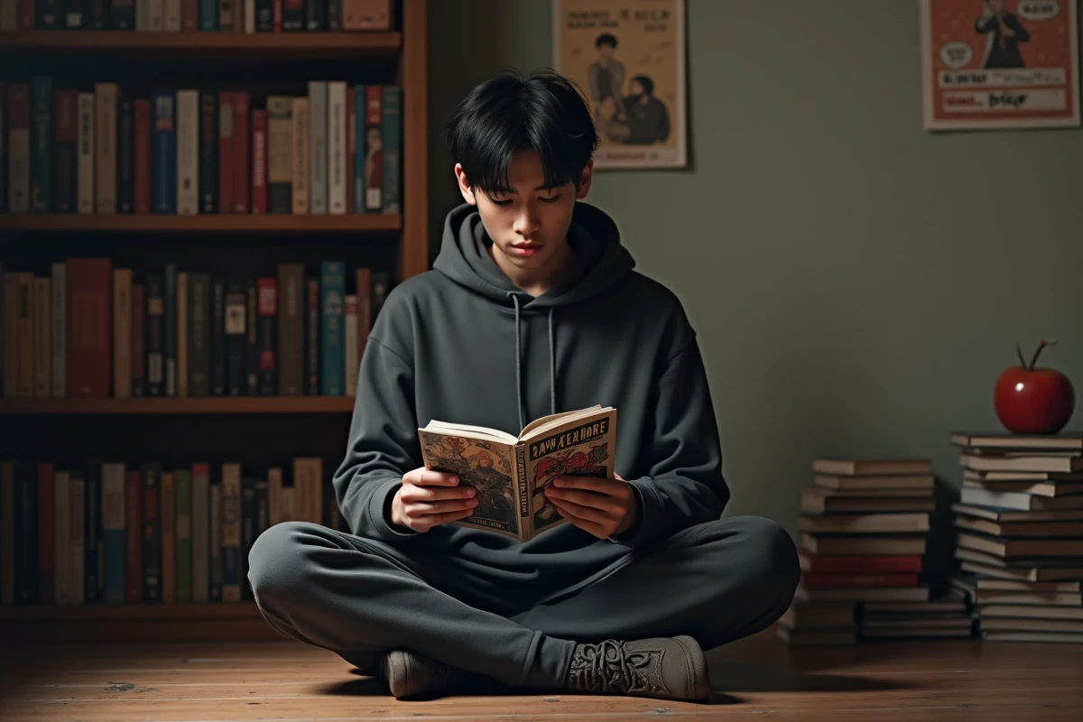 Jeune homme lisant un volume de Hunter x Hunter avec une expression pensive, explorant les thèmes profonds du manga