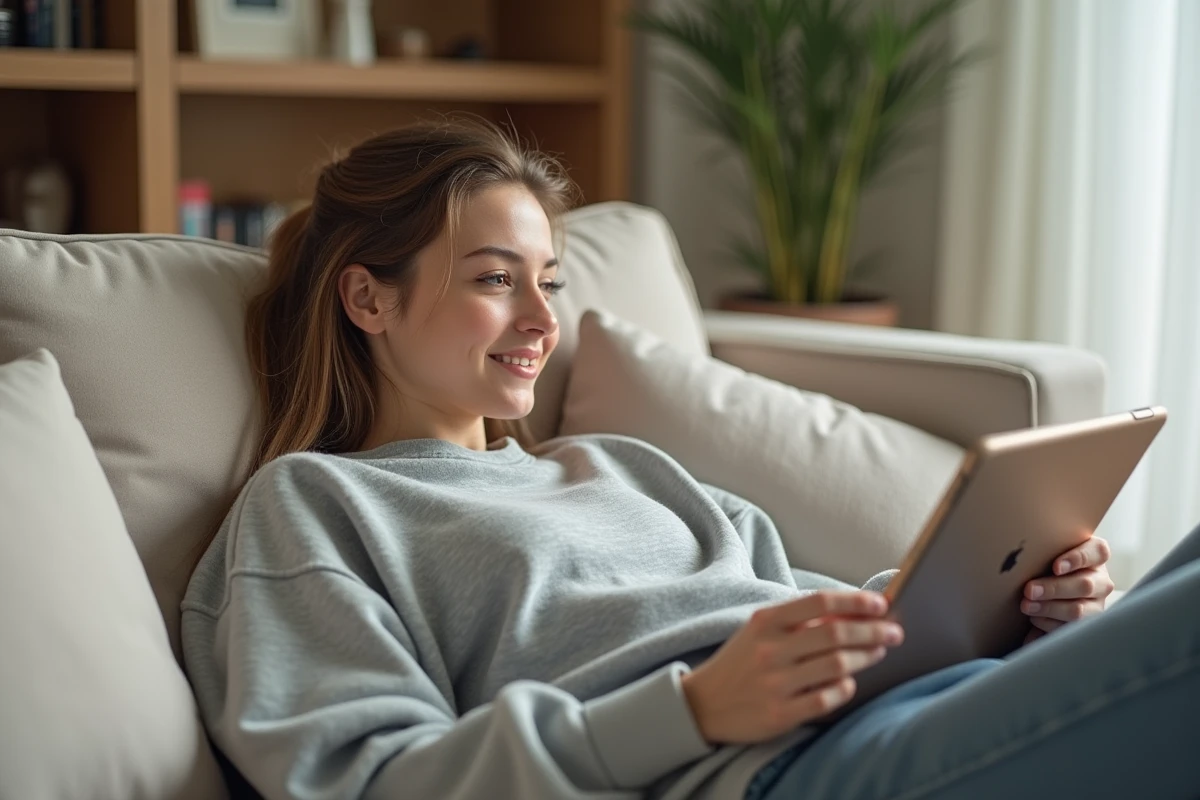 Jeune femme lisant les réactions des fans du scan One Piece 1139 sur une tablette dans un salon minimaliste scandinave