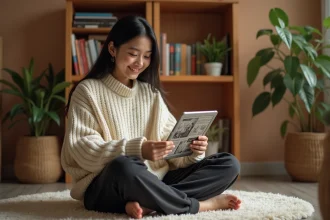 Jeune femme lisant un manga en français sur une tablette dans une chambre cosy entourée de volumes manga