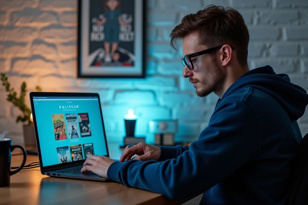 Homme lisant des mangas en français sur le site Kaliscan depuis un ordinateur portable dans un bureau moderne
