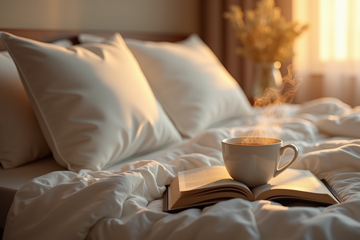 Lit bien fait avec tasse de thé et livre dans une ambiance douce