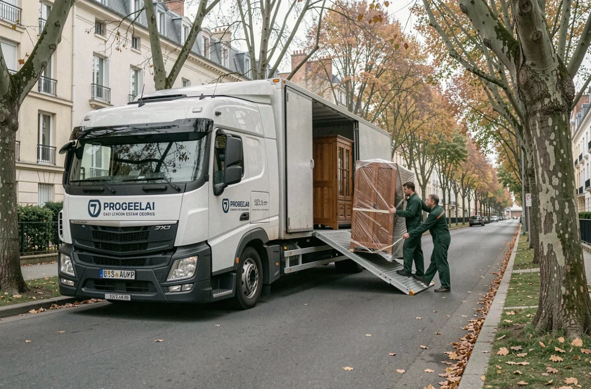 Camion de déménagement Lodemat garé dans une avenue arborée d'Argenteuil avec des déménageurs au travail