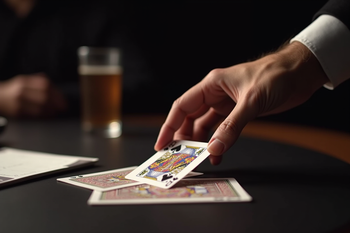 Main posant la carte gagnante sur une table moderne élégante