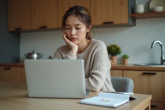 Maman préoccupée vérifiant la sécurité en ligne sur son ordinateur