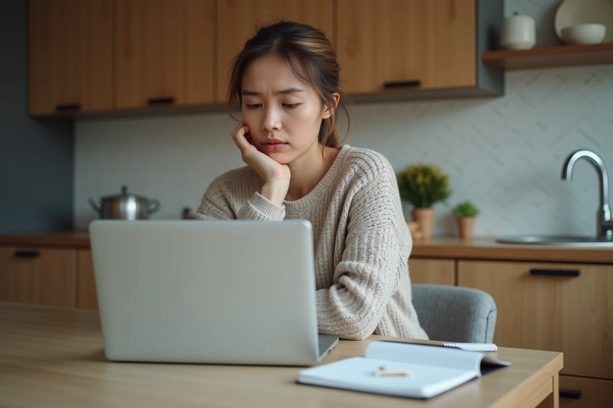 Maman préoccupée vérifiant la sécurité en ligne sur son ordinateur