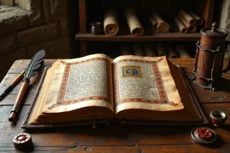 Manuscrit médiéval enluminé ouvert sur un bureau en bois, évoquant les chroniques historiques de la folie du roi Charles VI de France
