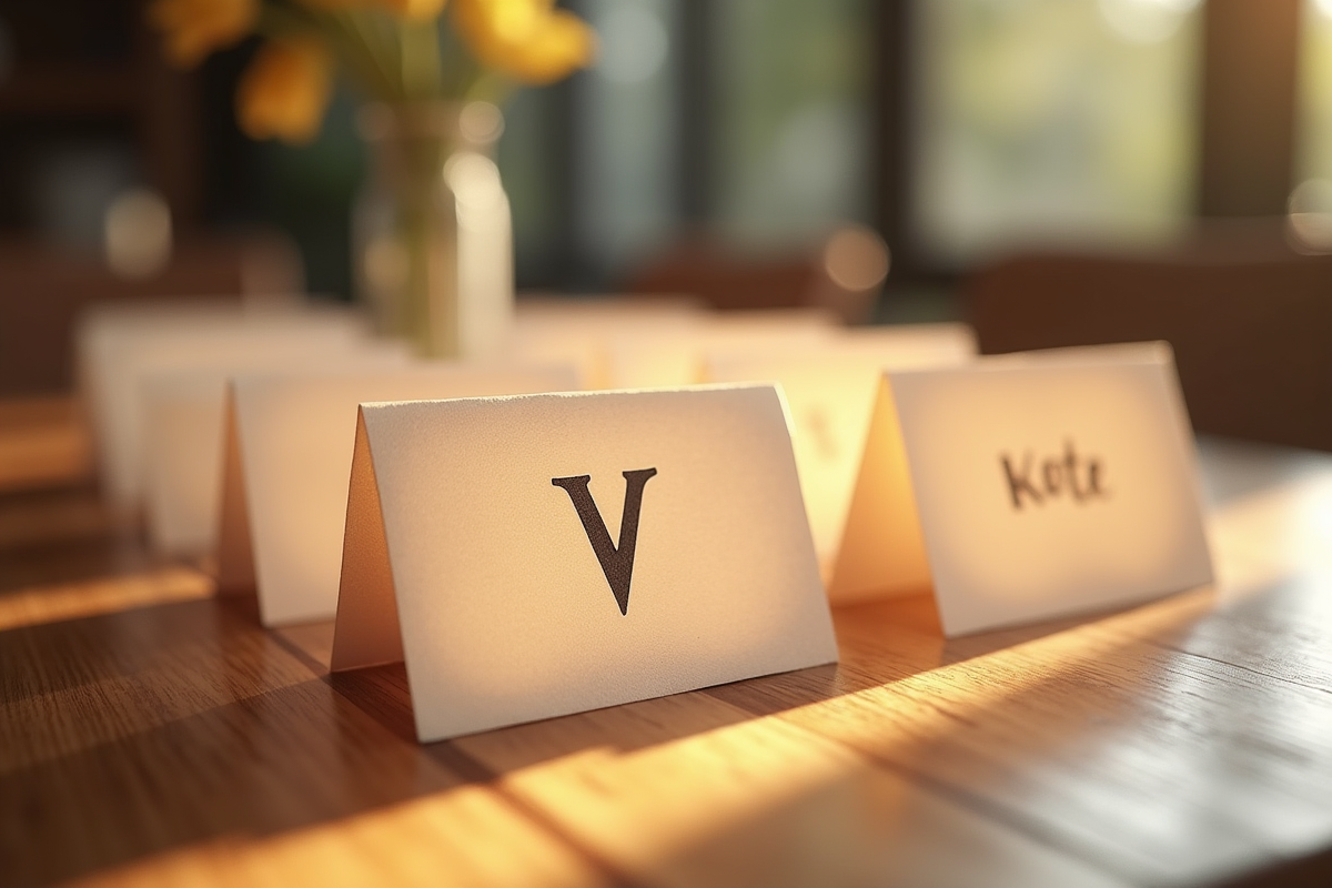 Marqueurs de noms élégants avec noms en V sur une table en bois