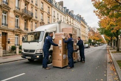 Équipe professionnelle de déménagement chargeant des meubles dans un camion devant des immeubles haussmanniens à Argenteuil