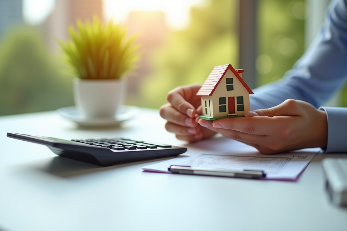 Mains tenant une maquette de maison avec calculatrice et déclaration fiscale