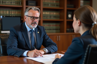 Notaire expliquant des documents à un jeune couple dans son bureau