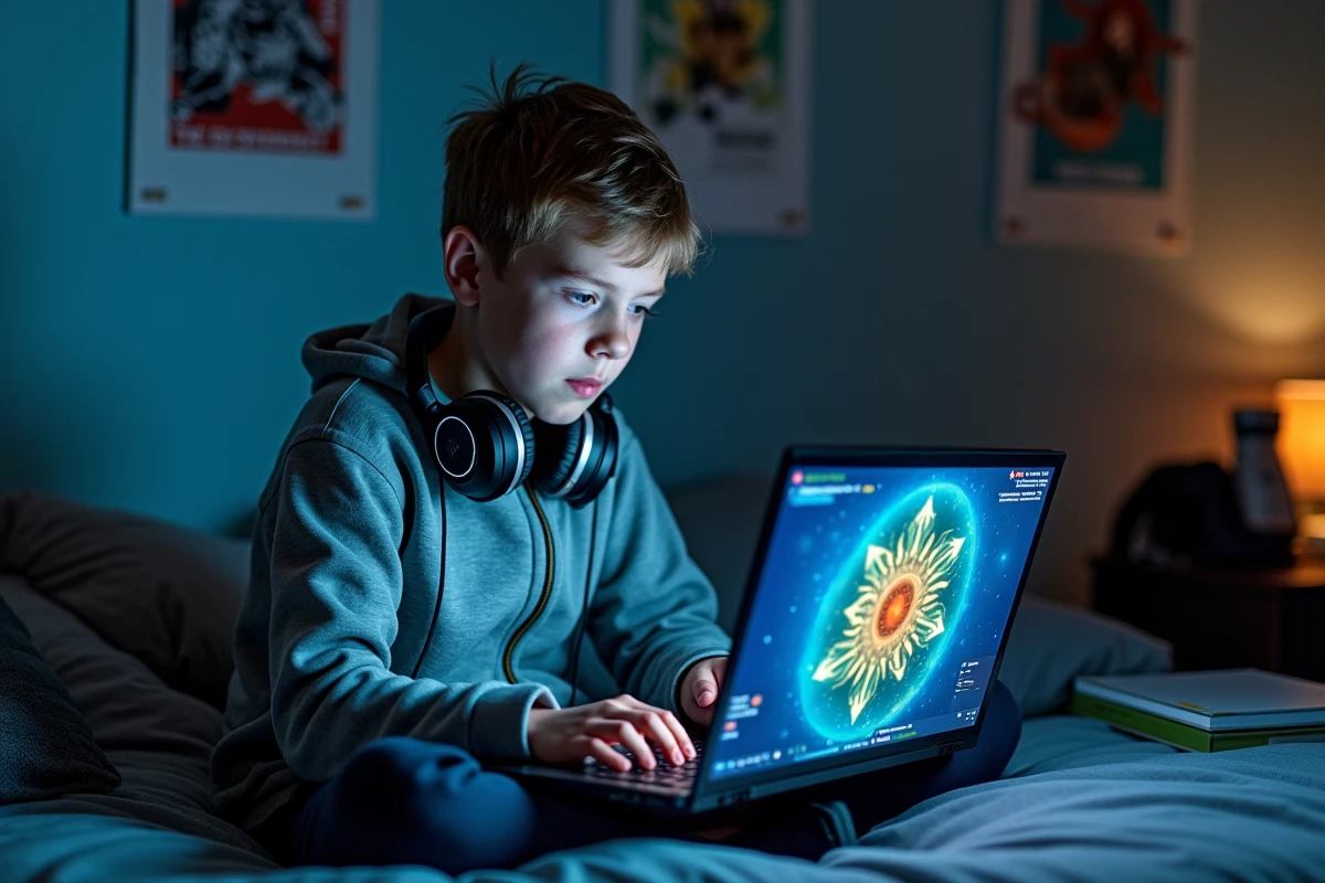 Adolescent nouveau joueur Dofus apprenant à utiliser les portails dimensionnels sur son laptop dans sa chambre