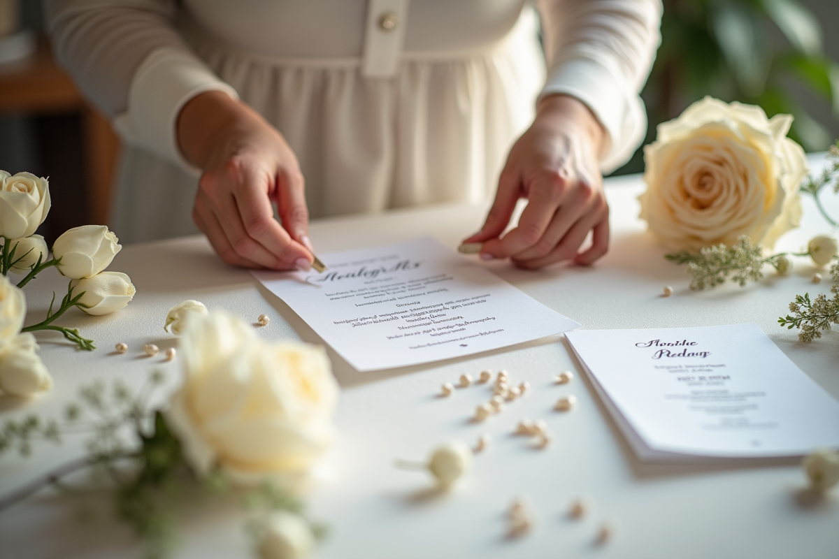 Organisatrice de mariage arrangeant invitations et fleurs