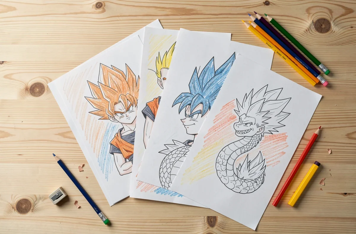 Pages de coloriage Dragon Ball imprimées sur un bureau en bois avec des crayons de couleur et un taille-crayon