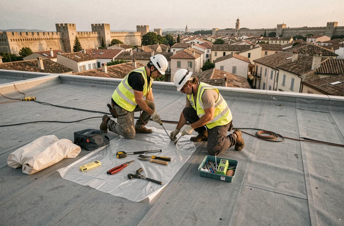 Équipe de couvreurs inspectant une toiture commerciale à Avignon pour Paoletti Pacy, spécialistes en protection d'actifs