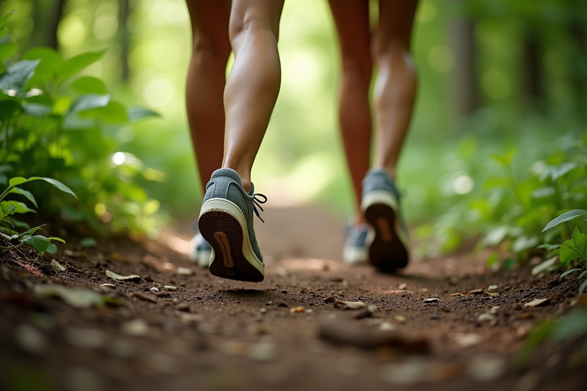 Deux personnes marchant en forêt sur un sentier ensoleille