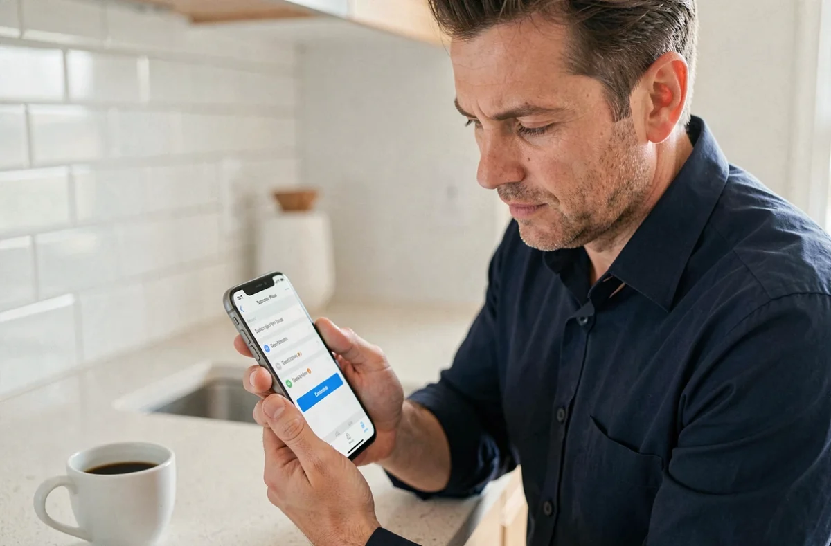 Homme consultant les options de pause et résiliation de son abonnement Altaya sur smartphone