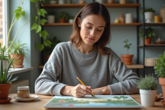 Femme peignant un paysage sur un canvas paintbynumbers dans une cuisine chaleureuse