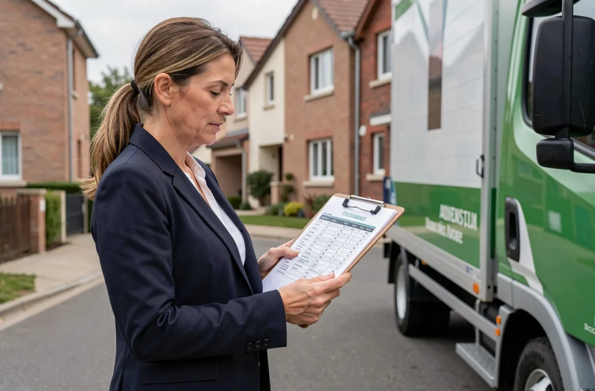 Coordinatrice de Pelidem vérifiant un inventaire de déménagement devant un camion à Argenteuil
