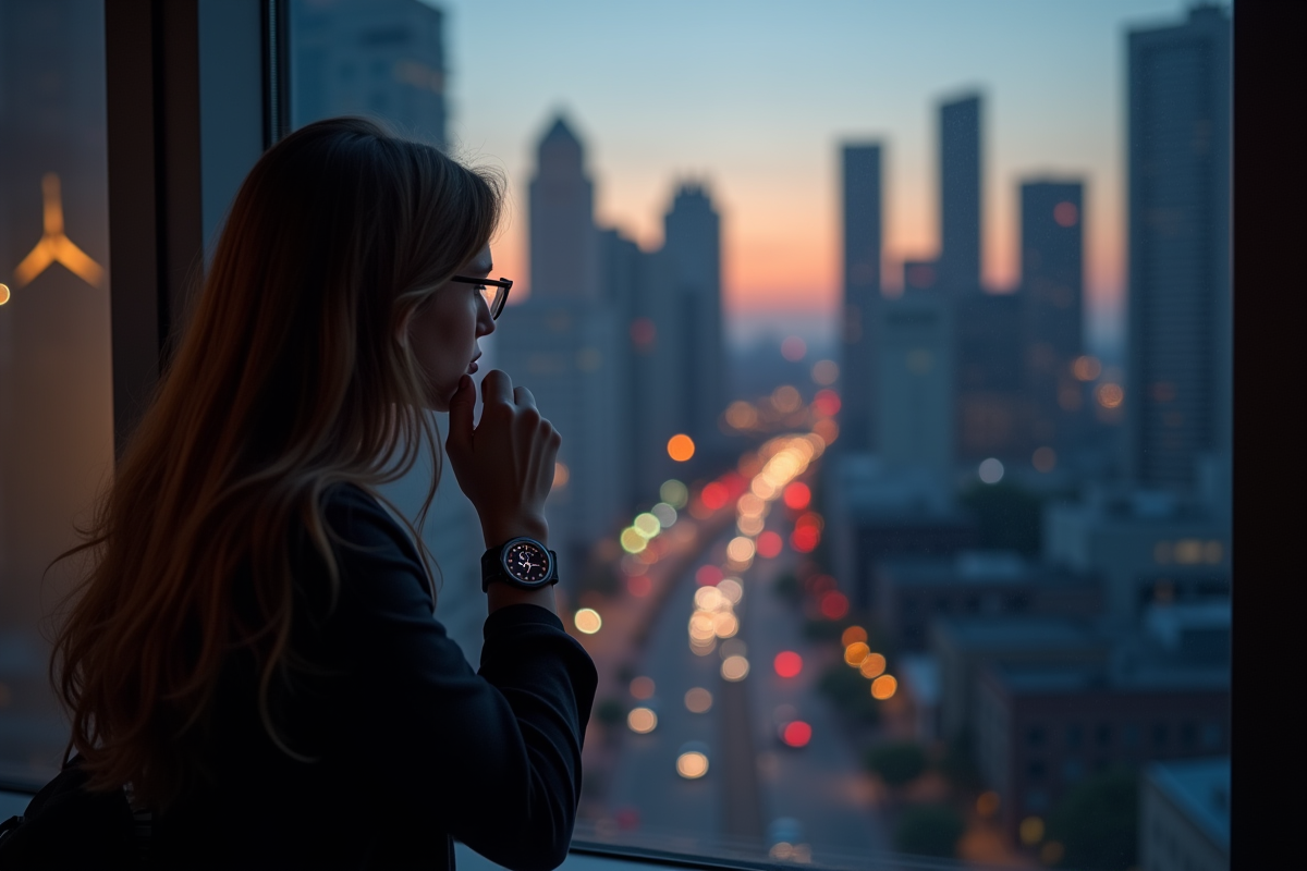 Personne regardant la ville au lever du jour avec sa montre