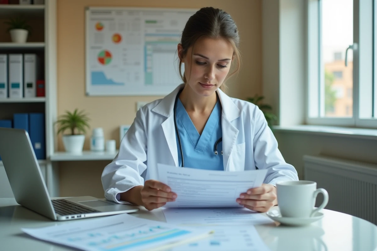 Pharmacienne ARC travaillant sur des documents d'essais cliniques dans un bureau hospitalier