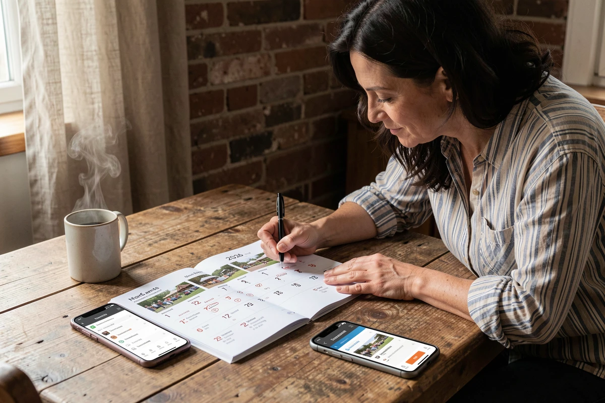 Femme planifiant ses brocantes 2026 dans le Nord-59 avec un agenda imprimé et un smartphone sur une table en bois
