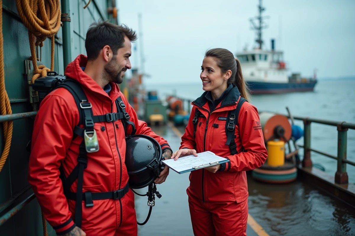 Plongeur en combinaison rouge avec technicien maritime