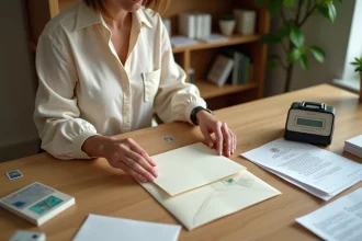 Femme préparant un faire-part de mariage avec enveloppe, timbres et balance postale sur un bureau en bois