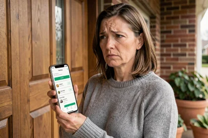Femme tenant un smartphone affichant un suivi de colis bloqué devant sa porte d'entrée