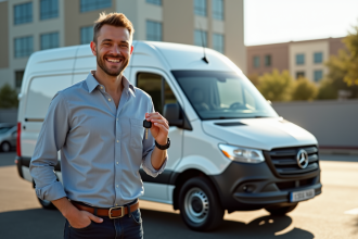 Propriétaire souriant avec utilitaire d'occasion dans un parking ensoleille