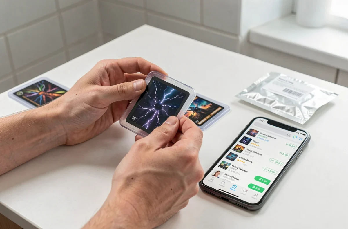 Mains protégeant une carte Foudre Noire dans un étui rigide avant de la revendre en ligne sur une application de vente