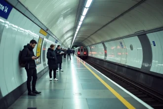 Quai de la ligne 14 du métro parisien avec signalétique bleue et voyageurs consultant un plan de correspondances