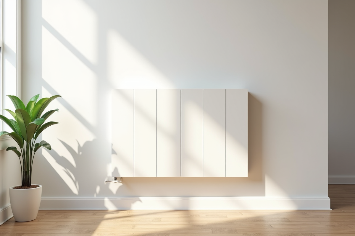 Radiateur blanc moderne dans un salon lumineux et minimaliste
