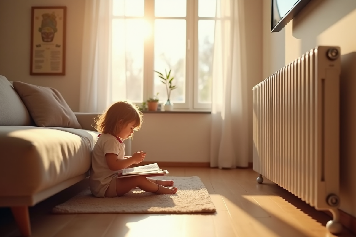 Radiateur électrique économe dans une maison avec un enfant lisant