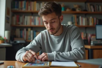 Collectionneur rangeant une carte Pokémon holographique rare dans un protège-carte rigide top-loader